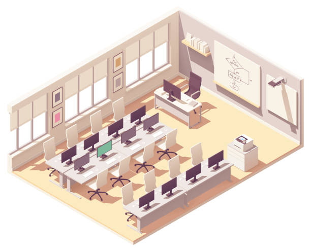 Vector isometric computer lab classroom Vector isometric school computer lab or laboratory classroom interior cross-section. Desks with computers, chairs, chalkboard, projector with screen computer training stock illustrations