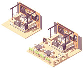 Vector isometric food court coffee shop or coffeehouse kiosk. Cafe interior with coffee machines, tables, seats, counter, cash register and blackboard menu