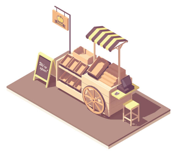 ilustrações de stock, clip art, desenhos animados e ícones de vector isometric fruits and vegetables kiosk cart - food wheel infographic