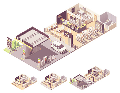 Vector isometric gas station interior