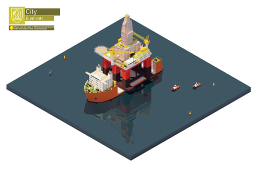 Vector isometric heavy lift cargo ship transporting oil rig