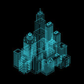 Vector Isometric Holography City. Vector Isometric City Building Icon Isolated on White Background. Private House, Skyscraper, Real Estate, Public Building, Hotel. Illustration Set.