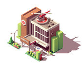 Vector isometric hospital or clinic building with emergency entrance, ambulance helicopter and ambulance vehicle