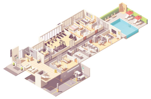 Vector isometric hotel interior Vector isometric hotel interior cross-section. Hotel rooms and suit, reception, fitness gym, breakfast area, kitchen, laundry room, parking garage and outdoor pool bathroom drawings stock illustrations