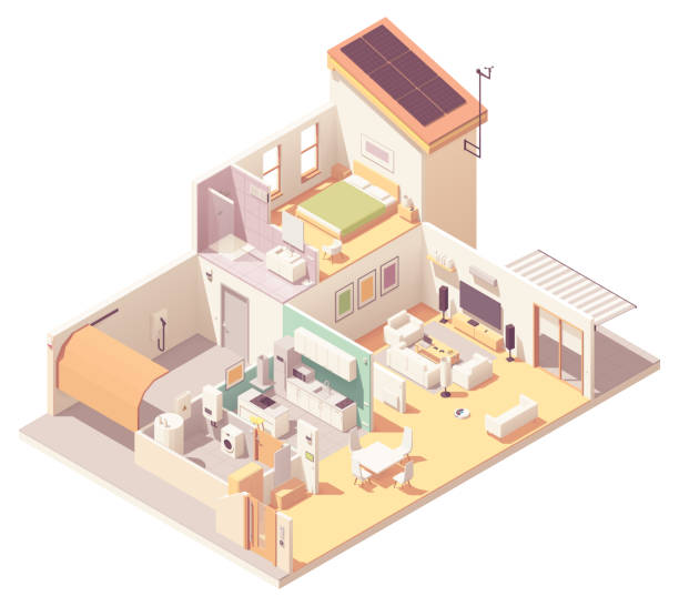 Vector isometric house cross-section Vector isometric house cross-section. Garage, kitchen, living room, bedroom and bath included. Solar panels on the roof, electronics, appliances and smart home devices security drawings stock illustrations