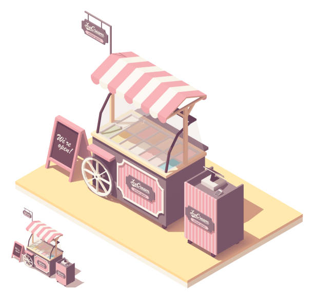 ilustrações de stock, clip art, desenhos animados e ícones de vector isometric ice cream cart kiosk - food wheel infographic