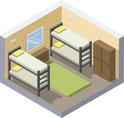 Vector Isometric illustration of hostel room. Cheap hotel icon.
