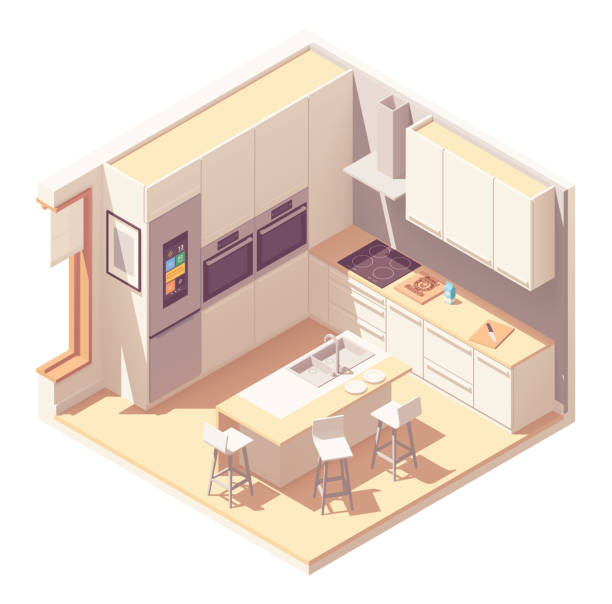 ilustrações, clipart, desenhos animados e ícones de interior de cozinha isométrico vector - bancada de madeira branca