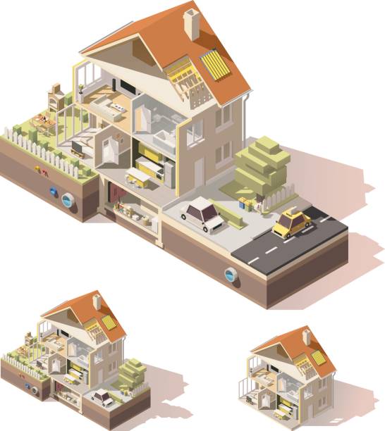 Vector isometric low poly house cross-section Vector isometric low poly house cutaway bathroom drawings stock illustrations