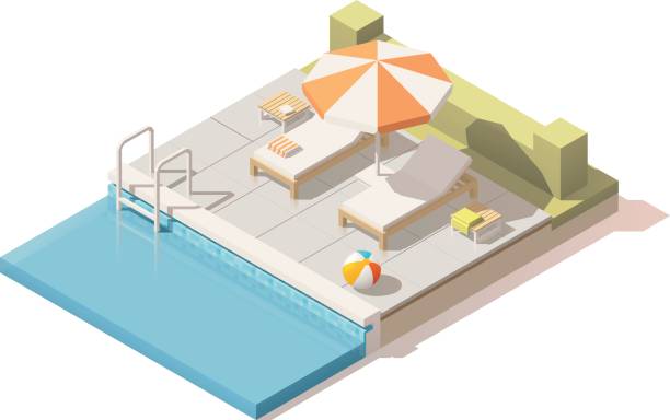 Vector isometric low poly swimming pool Vector isometric low poly swimming pool with lounge chairs and umbrella standing water stock illustrations