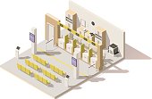 Vector isometric low poly visa application center. Includes queuing system ticket terminals, seats for customers, queue displays, barriers and offices