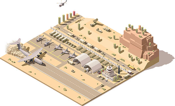 Vector isometric map of military airbase Vector isometric low poly desert military airport or airbase with jet fighters, helicopters, military ground vehicles, structures, control tower and cargo airplane landing on dusty airstrip air force stock illustrations