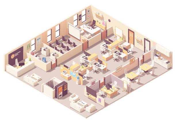 Vector isometric office interior plan Vector isometric corporate office interior plan. Reception, elevator, conference room, presentation room, executive or CEO office, workplaces with computers, kitchen, relax area and office wquipment office designs stock illustrations