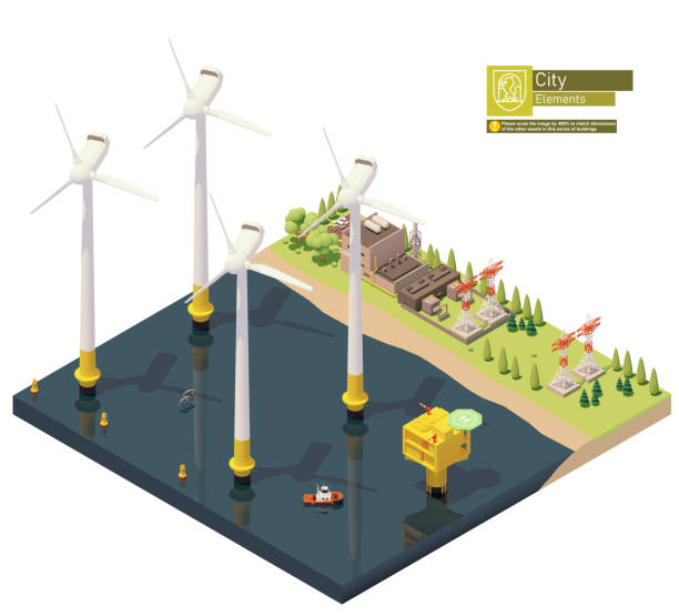 Vector isometric offshore wind farm Vector offshore wind turbines power plant infrastructure. Includes offshore wind farm, transformer station, power lines and power station wind turbine stock illustrations