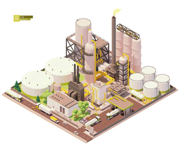 Vector isometric oil refinery plant Vector isometric oil refinery plant with tankers for crude oil, processing facilities and petroleum storage tanks. Petrochemical plant infrastructure Refinery stock illustrations