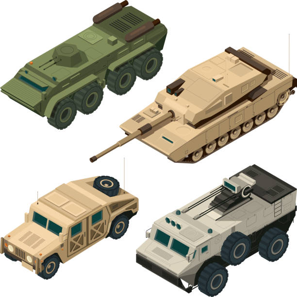 Vector isometric pictures set of different military vehicles isolate on white Vector isometric pictures set of different military vehicles isolate on white. Illustration of armored tank and car i with gun military land vehicle stock illustrations