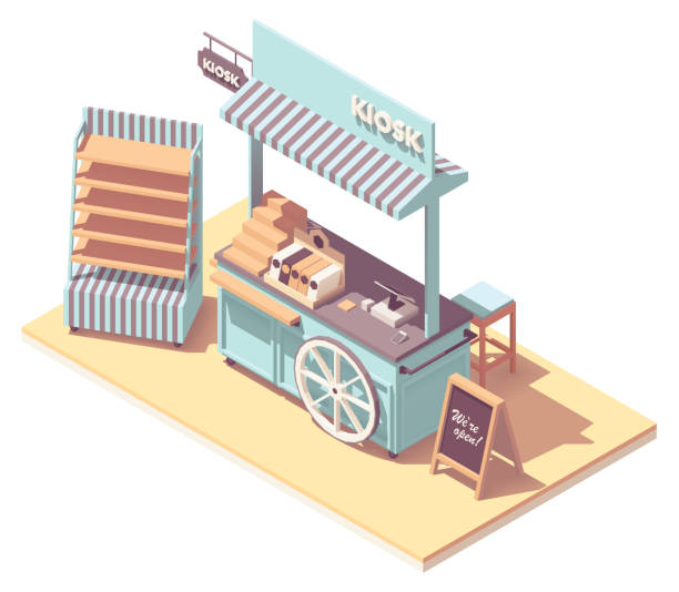 ilustrações de stock, clip art, desenhos animados e ícones de vector isometric retail kiosk or cart stand - food wheel infographic