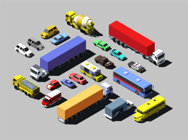ilustrações de stock, clip art, desenhos animados e ícones de vector isometric road cars, trucks and other vehicles. - car city