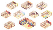 Vector isometric school or college building cross-section. Classrooms, basketball gym, lecture hall, library, music and art classes, teachers room, cafeteria and school bus