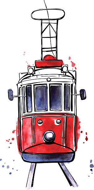 stockillustraties, clipart, cartoons en iconen met vector istanbul tram with colorful stains - beyoglu
