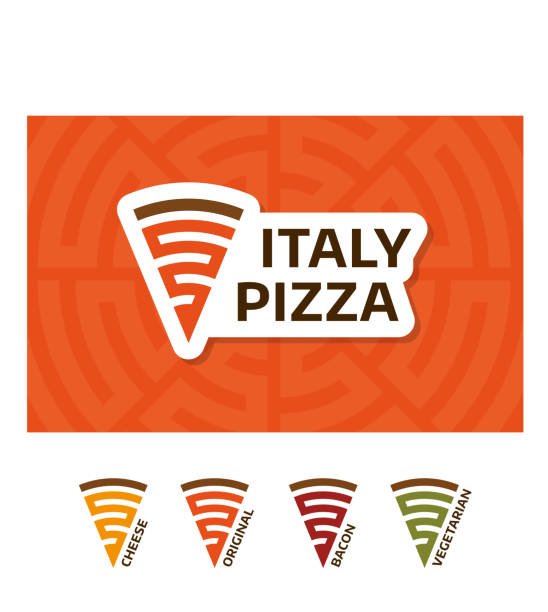 Vector Italy Pizza Food Symbol Template Pizzeria Point Symbol design template. Vector slice of pizza Symboltype illustration background. Icon emblem for italian fast food restaurant,cafe. Different colors for cheese, original, bacon, vegetarian margherita stock illustrations