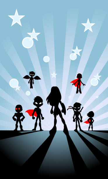 Vector Kids Superhero Team Silhouette with Sunburst Background A silhouette style vector illustration of a team of kids or teenager superheroes with sunburst effect in the background. Wide space available for your copy. robot silhouettes stock illustrations