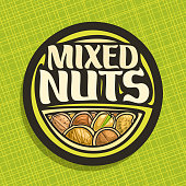 Vector label for Nuts, circle sign with pile of healthy walnut, australian macadamia nut, sweet almond, forest hazelnut, cracked pistachio and peanut, veg mix label with text mixed nuts for vegan store