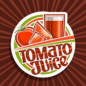 Vector label for Tomato Juice, decorative cut paper label with illustration of vegan drink in glass and 3 cartoon tomatoes, veg concept with unique lettering for words tomato juice on red background.