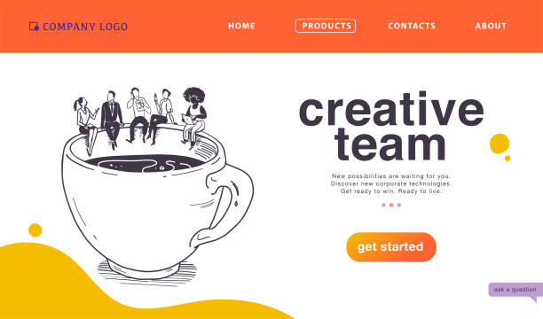 Vector landing page design concept for business creative team work, success solutions, deal & support with office people & big coffee cup on white background. Vector landing page design concept for business creative team work, success solutions, deal & support with office people & big coffee cup on white background. Sketch style. Website, mobile app, banner meeting drawings stock illustrations