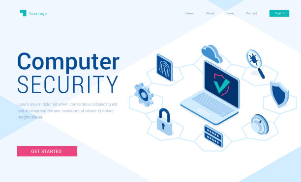 Vector landing page of computer security Computer security banner. Concept of safety internet technology, data secure. Vector landing page of information protect with isometric illustration of laptop and icons of padlock, cloud and shield cyber security stock illustrations