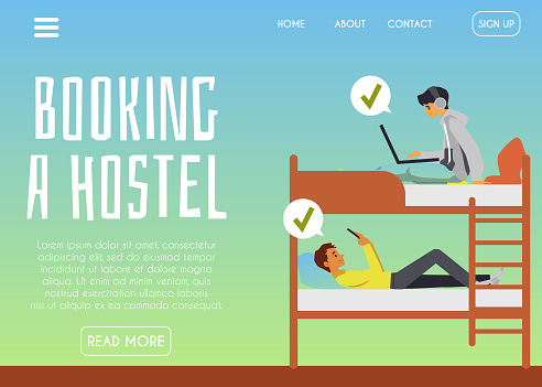 Vector landing page template for app for booking cheap hostel room