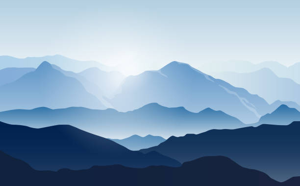 Vector landscape with silhouettes of blue mountains with mist and cold sunlight Vector landscape with silhouettes of blue mountains with mist and cold sunlight mountains in mist stock illustrations