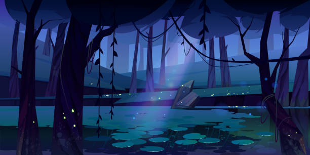 Vector landscape with swamp in night forest Swamp in tropical forest with fireflies at night. Fairy landscape with marsh, water lilies, trees trunks and rocks. Vector cartoon illustration of wetland, wild jungle with river or pond river silhouettes stock illustrations