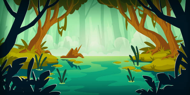 stockillustraties, clipart, cartoons en iconen met het landschap van de vector met moeras in regenwoud - broekland