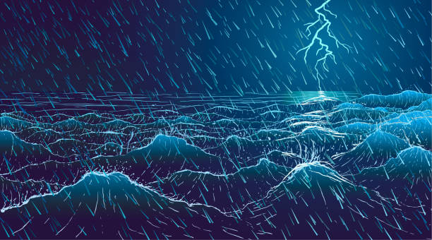 stockillustraties, clipart, cartoons en iconen met vector grote oceaan golven in regenachtige storm bij nacht - storm