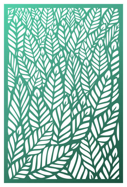 Vector Laser cut panel. Abstract Pattern with leaves template for decorative panel. Template for interior design, layouts wedding invitations, greeting cards, envelopes, decorative art objects etc. Image suitable for engraving, printing, plotter cutting, Vector laser cut panel. Abstract pattern with leaves template for decorative panel. Inspired by foliage, forest, trees, plants, tropic and nature. Image with botanical theme. Stock vector. paper silhouettes stock illustrations
