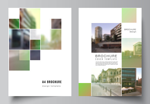 Vector layout of A4 cover mockups design templates for brochure, flyer layout, booklet, cover design, book design, brochure cover. Abstract project with clipping mask green squares for your photo