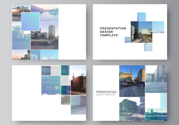 Vector layout of the presentation slides design business templates, multipurpose template for presentation brochure, brochure cover. Abstract design project in geometric style with blue squares. Vector layout of the presentation slides design business templates, multipurpose template for presentation brochure, brochure cover. Abstract design project in geometric style with blue squares pattern photos stock illustrations