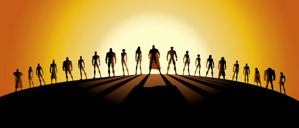 Vector League of Superheroes Silhouette A vector silhouette style illustration of an army of superheroes. Wide space available for your copy. Perfect for website header. superhero stock illustrations