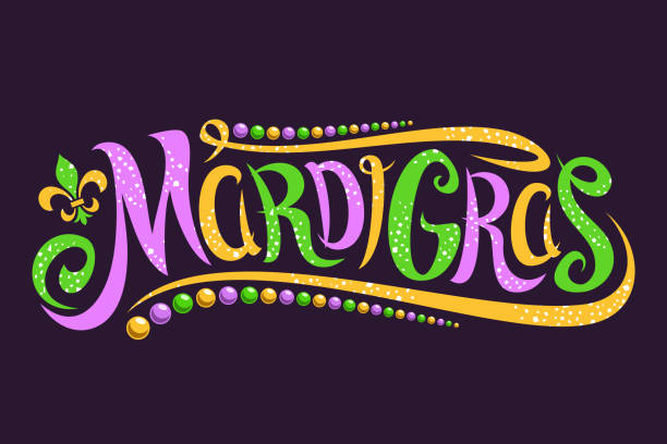 Vector lettering for Mardi Gras carnival Vector lettering for Mardi Gras carnival, filigree calligraphic font with traditional symbol of mardi gras - fleur de lis, elegant fancy label with greeting slogan, twirls and dots on dark background. mardi gras stock illustrations