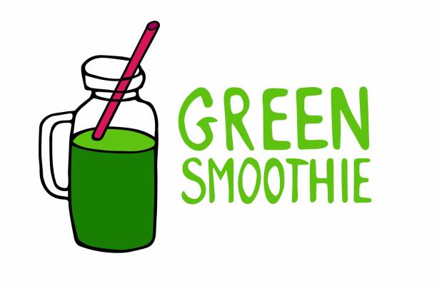 ilustrações de stock, clip art, desenhos animados e ícones de vector lettering illustration green smoothie with smoothie mug. handwritten calligraphy text with doodle sketch isolated on white background. hand sketched typography. sign, logo, icon, banner, tag - natural organic doodle tag