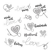 Vector lettering logo set, sewing, embroidery theme with heart.  Can be used as a sticker, icon, logo, design template