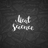 Vector lettering on chalk gradientbackground with hand drawn meat elements illustration