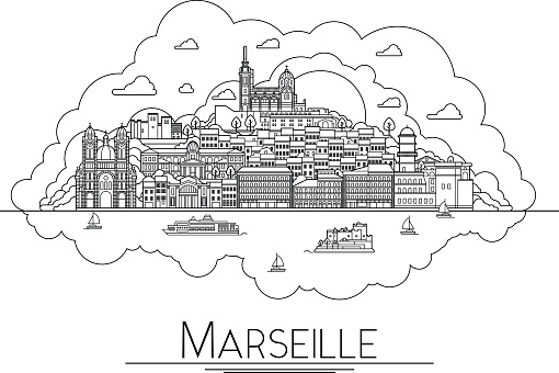 Vector line art Marseille, France, travel landmarks and architecture icon