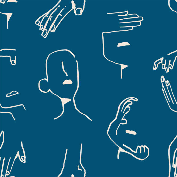 ilustrações, clipart, desenhos animados e ícones de linha vetorial retrato padrão perfeito com rostos e mãos em fundo azul. para impressão, papel de parede, papel de embrulho, têxtil - avenida paulista