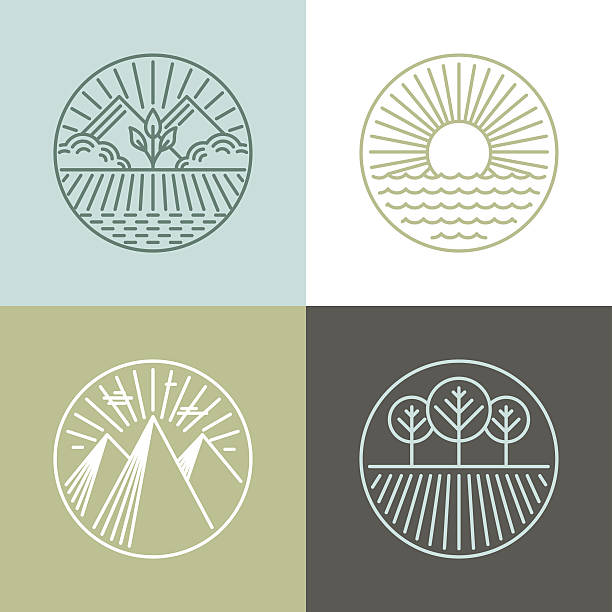 Vector line badges with landscapes Vector line badges with landscapes and nature icons - round labels corn field stock illustrations