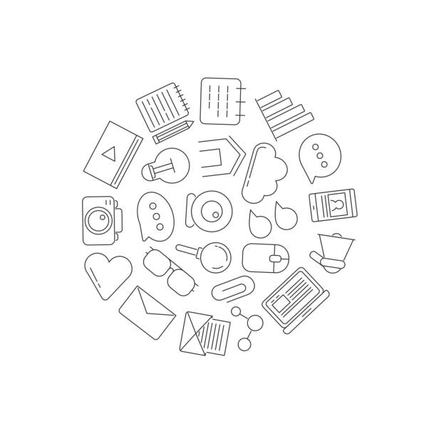 ilustrações de stock, clip art, desenhos animados e ícones de vector line blog icons in circle shape illustration - linha artigo de costura
