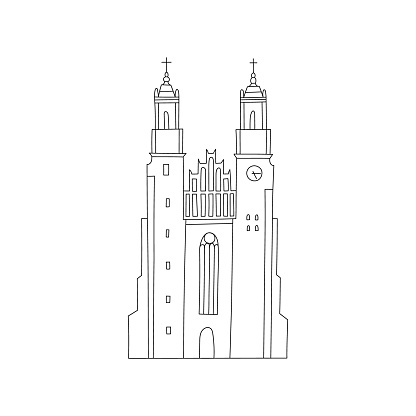 Vector line hand drawn illustration with Archcathedral Basilica of St. Peter and St. Paul. Poznan, Poland. Old town. Brick Gothic Roman Catholic church