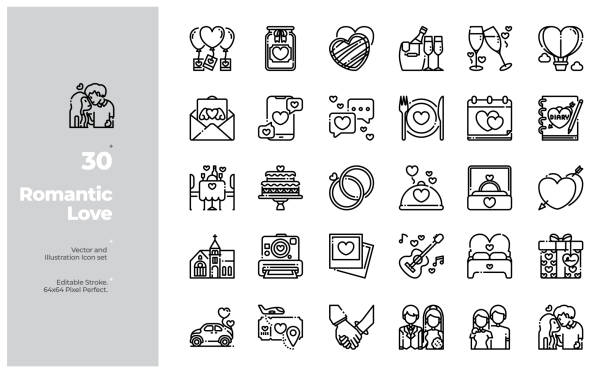 Vector Line Icons Set of Romantic and Love. Editable Stroke. Vector Icon and Illustration Design. All Icon design based on 64x64 Editable Stroke. Design for Website, Mobile App and Printable Material. Easy to Edit & Customize. wedding icons stock illustrations
