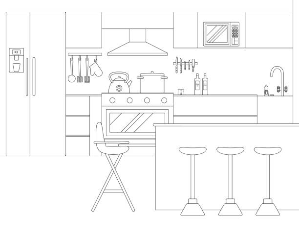 Vector Line Illustration of Interior of Kitchen Vector Line Illustration of Interior of Kitchen with Furniture and Appliances. Whire and Black Outline Sketch of Home Related. Vector Design in Line Art Style. Design of Modern Interior of Kitchen kitchen drawings stock illustrations